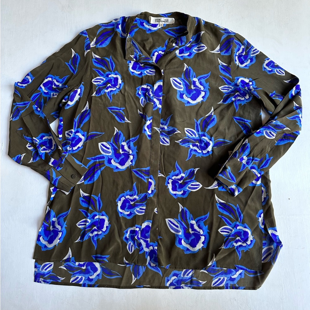 Diane Von Furstenberg Green Floral Silk Blouse